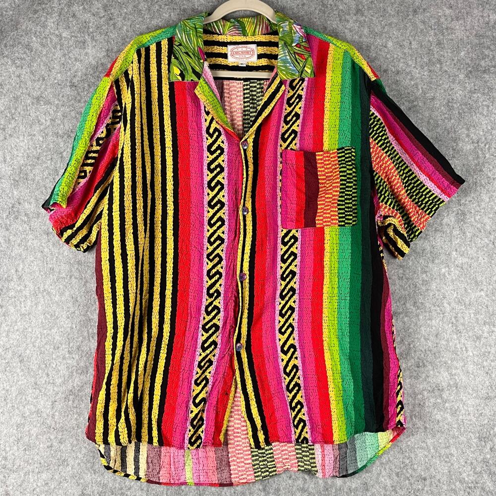 VTG Jams World Hawaiian Shirt Mens XL Striped Geometric Rayon Vibrant Artsy USA